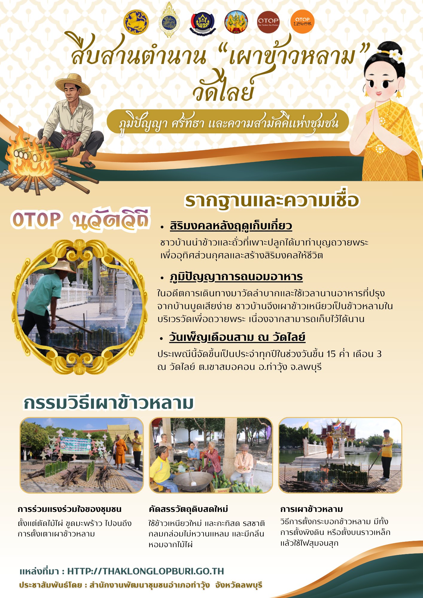 ชุมชนท่องเที่ยว OTOP นวัตวิถี ประเพณีเผาข้าวหลามวัดไลย์ ตำบลเขาสมอคอน อำเภอท่าวุ้ง จังหวัดลพบุรี 